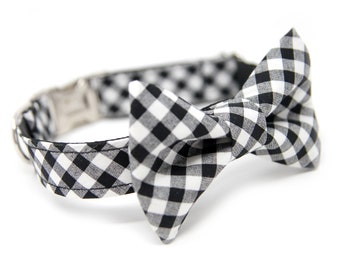 Plaid Bow Dog Collar | Black Gingham Dog Collar | Christmas Plaid Collar | Black and White Collar | Personalized Collar | Jet Plaid Collar