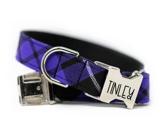 Dog Collar | Purple Plaid Dog Collar |  Engraved Buckle Dog Collar | Girl Dog Collar | Grape Plaid Collar