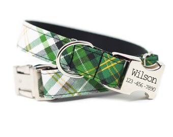 Green Plaid Collar | Personalized Dog Collar | Custom Dog Collar | St Patricks Collar | Dog Collar with Name | Piccadilly Plaid Dog Collar