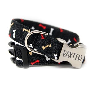 Personalized Custom Dog Collar, Adjustable Black Collar with Bones Design, Perfect Gift for Dog Lovers, Tiny Bones, Adjustable Collar