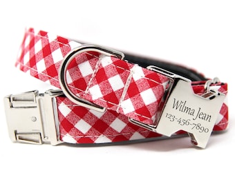 Personalized Red Plaid Dog Collar with Name | Customized Pet Collar | Tartan Print | Adjustable Size | Pet Accessories | Big Dog | Lipstick