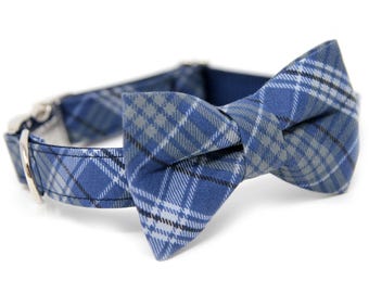 Personalized Collar with Bow Tie, Custom Blue and Gray Plaid Dog Collar for Boys - Perfect Gift for Dog Lovers & Weddings