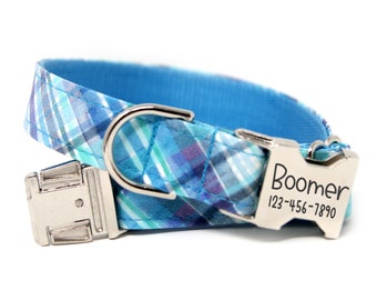 Blue Plaid Dog Collar with Name | Personalized Plaid Dog Collar | Custom Dog Collar | Boy Dog Colar | Cool Blue Plaid