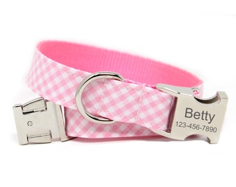 Pink Gingham Dog Collar | Personalized Dog Collar | Collar with Name | Custom Plaid Collar | Pink Gingham Collar | Pink Plaid Collar