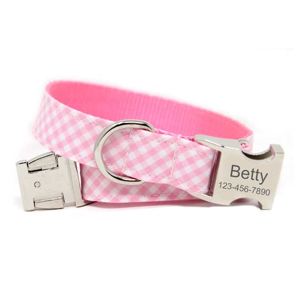 Pink Gingham Dog Collar | Personalized Dog Collar | Collar with Name | Custom Plaid Collar | Pink Gingham Collar | Pink Plaid Collar