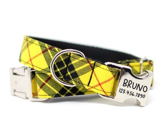 Yellow Plaid Dog Collar | Personalized Name Collar | Boy Dog Collar | Pet Gift | Custom Tartan Collar | Boy Dog Collar |Yellow & Black Plaid