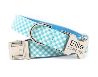 Custom Dog Collar | Gingham Dog Collar | Collar with Name| Blue Plaid Collar | Personalized Collar | Dog Mom | Leash | Aqua Gingham