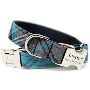 Plaid Dog Collar | Custom Plaid Dog Collar | Collar with Name | Boy Dog Collar| Girl Dog Collar | Engraved Buckle Collar | Turquoise Collar