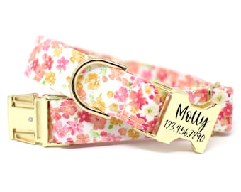 Personalized Collar | Flower Dog Collar | Girl Dog Collar | Dog Collar with Name | Big Dog Collar | Pink Dog Collar | Coral Floral Stripe