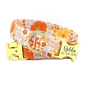 Orange Floral Dog Collar | Retro Dog Collar | Personalized Dog Collar | Engraved Buckle Collar | Dog Mom Gift| Rescue Dog Gift | Retro Bloom