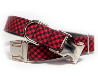 Buffalo Plaid Dog Collar, Red and Black Mini Check, Mini Buffalo Check, Personalized Buffalo Mini Plaid Collar
