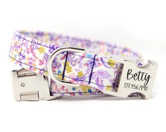 Girl Dog Collar | Personalized Flower Dog Collars | Custom Puppy Collars | Dog Collar with Name | Purple Floral Collar | Lilac Collar