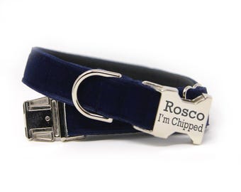 Personalized Blue Velvet Collar | Engraved Velvet Dog Collar | Navy Blue Velvet Dog Collar