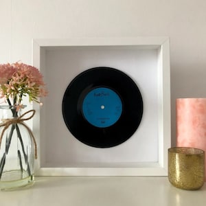 May include: A framed 45 rpm vinyl record with a black record and a blue label. The label says "Hair Bush" and "Conversation." The record is framed in a white frame.