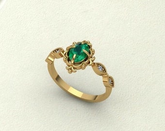 Vintage Emerald Engagement Ring, Unique Solid Gold Diamond Ring, Moissanite Proposal Ring, Tourmaline Gold Wedding Ring, Dainty Ring