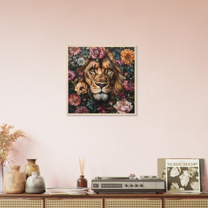 Lion hiding behind flowers Premium Matte Paper Wooden Framed Poster image 2