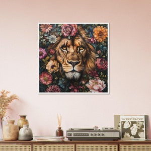 Lion hiding behind flowers Premium Matte Paper Wooden Framed Poster image 4
