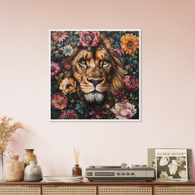 Lion hiding behind flowers Premium Matte Paper Wooden Framed Poster image 4