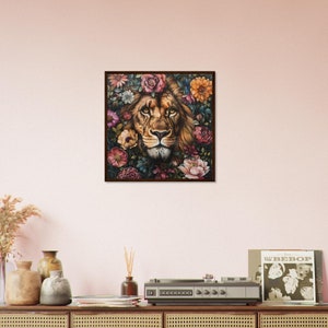 Lion hiding behind flowers Premium Matte Paper Wooden Framed Poster image 5