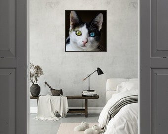 Black and white cat with one green eye and one blue Premium Matte Paper Metal Framed Poster