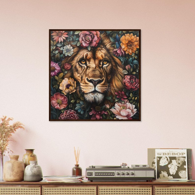 Lion hiding behind flowers Premium Matte Paper Wooden Framed Poster image 3