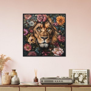 Lion hiding behind flowers Premium Matte Paper Wooden Framed Poster 70x70 cm / 28x28″