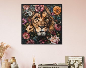 Lion hiding behind flowers Premium Matte Paper Wooden Framed Poster