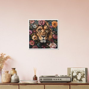 Lion hiding behind flowers Premium Matte Paper Wooden Framed Poster image 6
