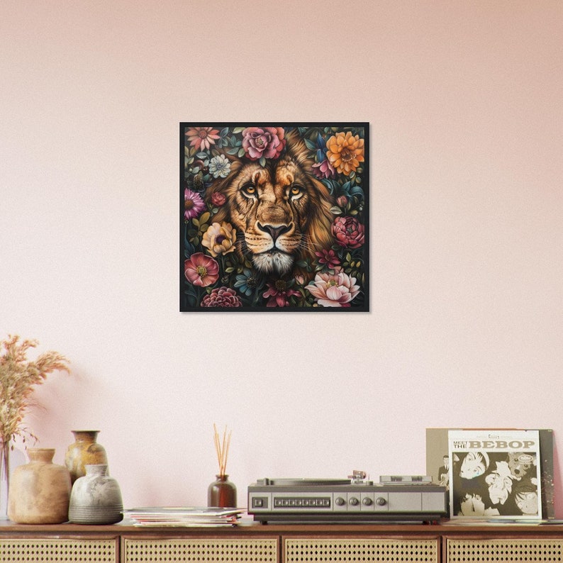 Lion hiding behind flowers Premium Matte Paper Wooden Framed Poster 50x50 cm / 20x20″