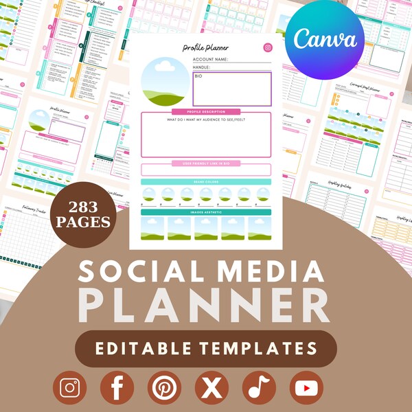 Social Media Planner Canva Templates | 283 Pages | Content calendar, Post scheduler, Marketing plan, Engagement tracker, Analytic