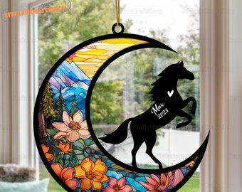 Ornamento personalizzato per l'acchiappasole commemorativo del cavallo, acchiappasole equestre per equitazione, cartello con il nome del cavallo personalizzato appeso, regalo per la perdita del cavallo