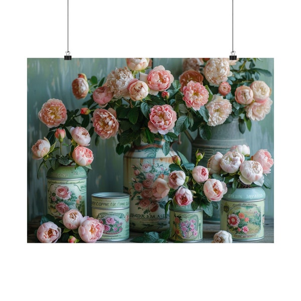 Matte Horizontal Poster of Pink Flowers in Vintage Cans, Shades of Greens, Comes in 2 Sizes, Not Framed