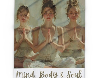 Fleece Blanket of 3 Mindful Girls Meditating in Yoga Poses. Do Yoga on Your Fuzzy Throw or Decorate Your Studio or Room With It.  Warm 50x60