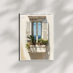 Könnte beinhalten: Gerahmter Kunstdruck eines Fensters mit geöffneten Fensterläden, einem Blumenkasten mit Topfpflanzen und Blick auf das Meer. Das Fenster und die Fensterläden sind weiß gestrichen. Der Himmel ist blau. Weicher, malerischer Stil.