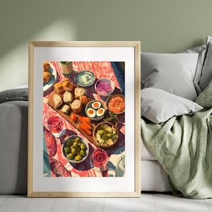 Lebendiges Tapas Poster / Moderne Mezze Wand Dekoration / Malerisches Wein & Frühstück Bild / Buntes Küchen Dekor / Foodie Geschenk / Picknick