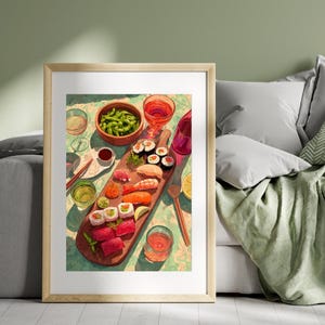 May include: A framed print of a sushi platter with various rolls, nigiri, and sashimi, alongside a bowl of edamame, drinks, and a bottle of wine. The artwork features a wooden serving board and a light green tablecloth.