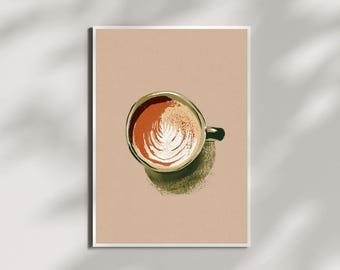 May include: An artistic print of a coffee cup with latte art. The cup is filled with a brown liquid and white foam, set against a light brown background. The cup has a green handle and sits on a green shadow.