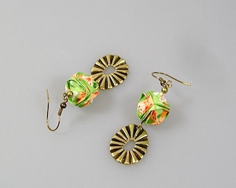 Boucles d'oreilles origami en papier japonais orange et vert, Boule