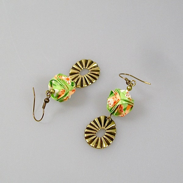 Boucles d'oreilles origami en papier japonais orange et vert, Boule