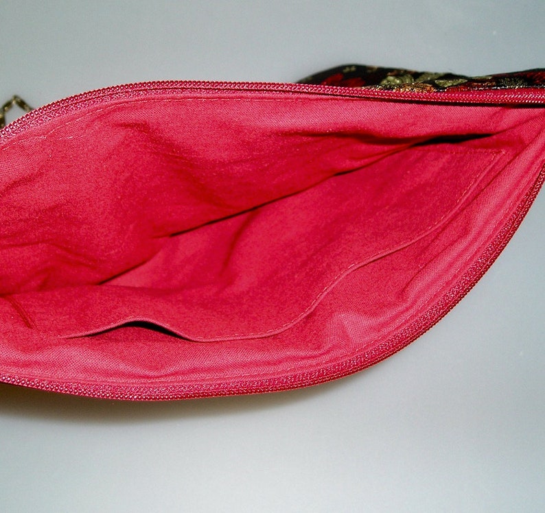 Pochette sac à main de soirée tissus japonais noir à fleurs et simili cuir rouge image 4