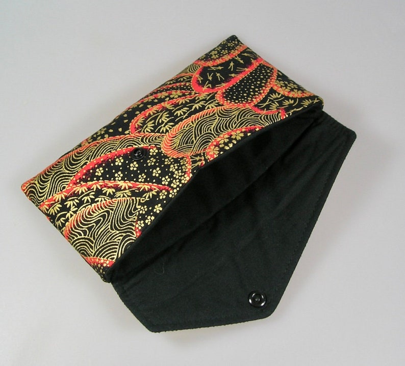 Envelope pouch, glasses case in Japanese cotton fabrics black gold and red image 3