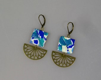 Boucles d'oreilles origami en papier japonais vert et doré, demi lune