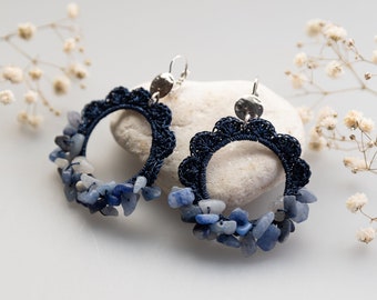 Crochet earrings and blue aventurine gemstone chips