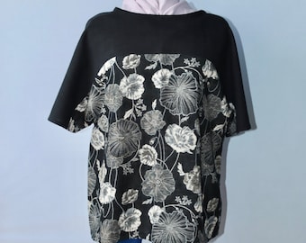 Top blouse tunique ample en coton japonais noir et coton jacquard japonais noir