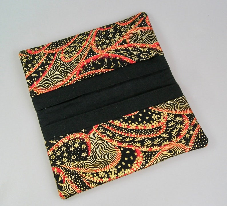 Checkbook holder and cards in Japanese cotton black red and gold, imitation brown leather image 4