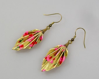 Original origami leaf, paper earrings in gold and pink Japanese paper