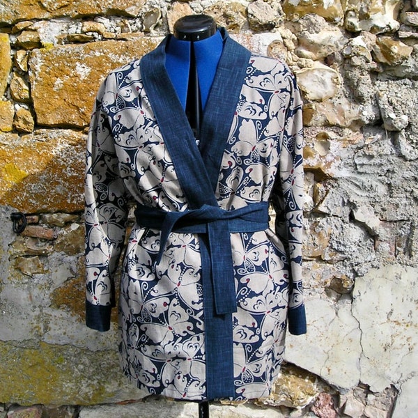 Kimono, veste kimono en tissus japonais bleu et beige motifs papillons