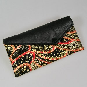 Envelope pouch, glasses case in Japanese cotton fabrics black gold and red image 1