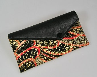 Envelope-style pouch, glasses case in black, gold and red Japanese cotton fabric