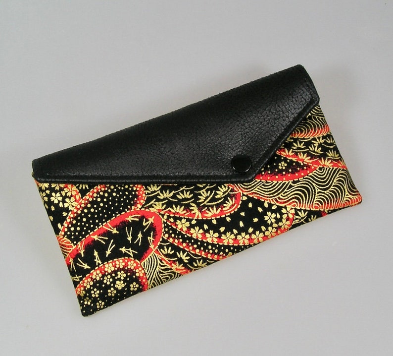 Envelope pouch, glasses case in Japanese cotton fabrics black gold and red image 1